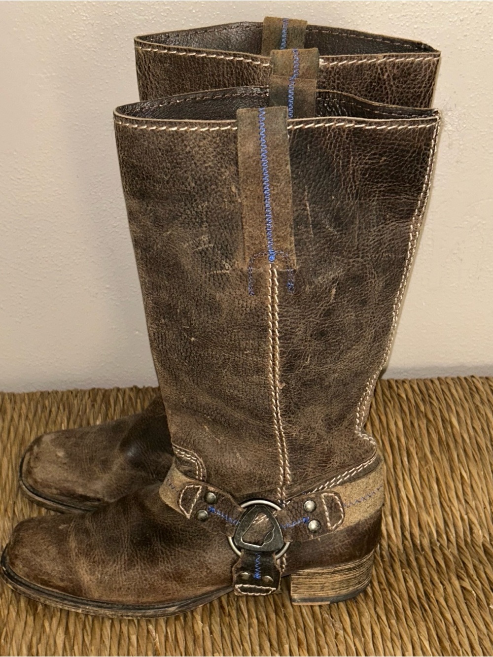 BED|STU Brown Leather Harness Boots with Blue Stitch Accents